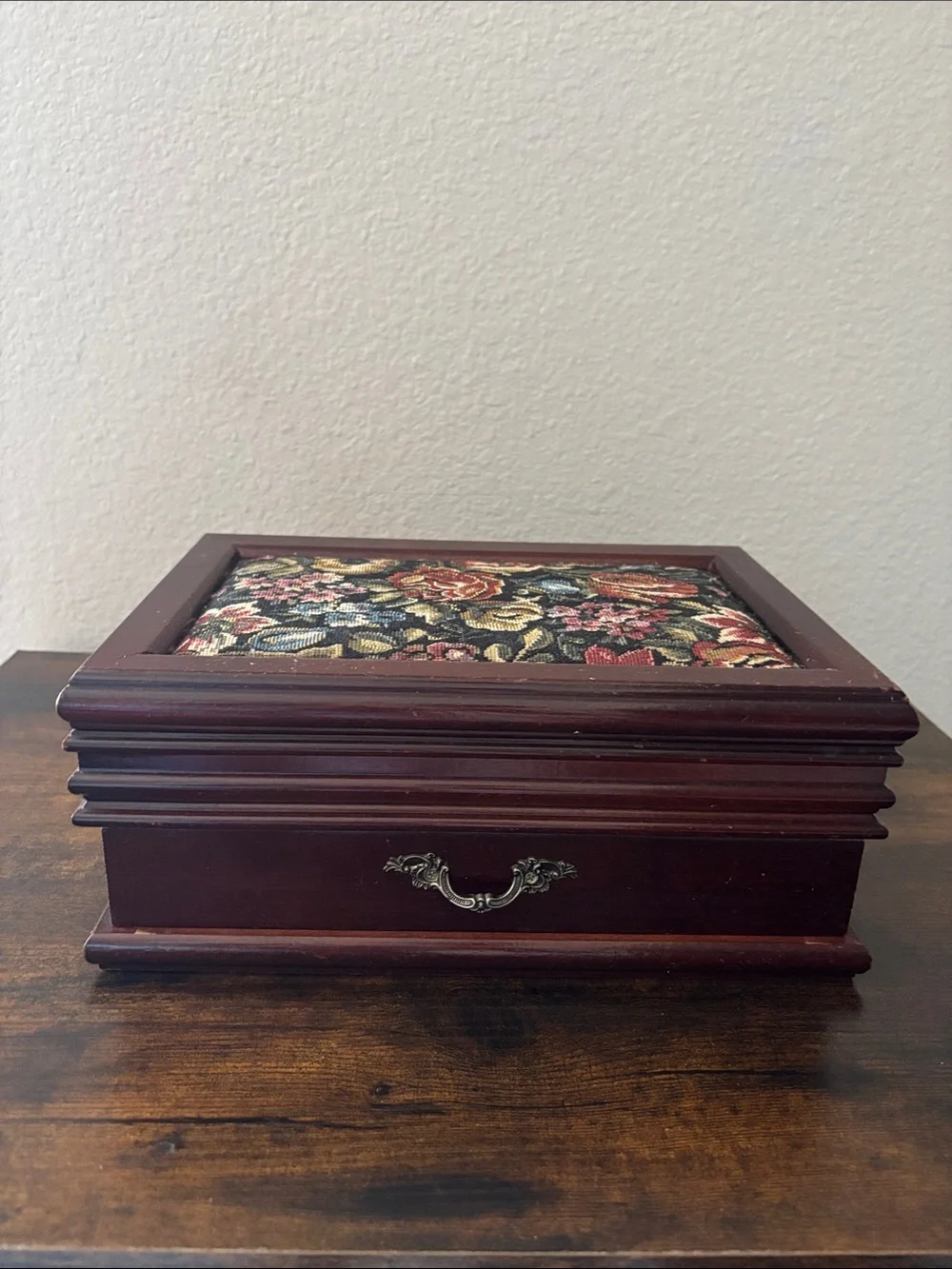 Vintage Wooden Jewelry Box Floral Needlepoint Tapestry Top Brown Burgundy